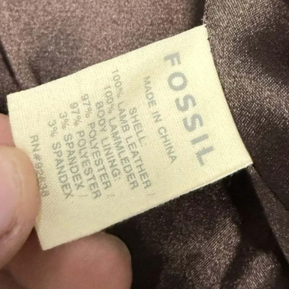 Fossil Brown Leather Cropped lamb leather Jacket Womens Trucker Button Front - Picture 9 of 9